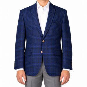 Mens 42R Blue Black Plaid Check 100% Wool Blazer Sport Coat Jacket Wedding NWT